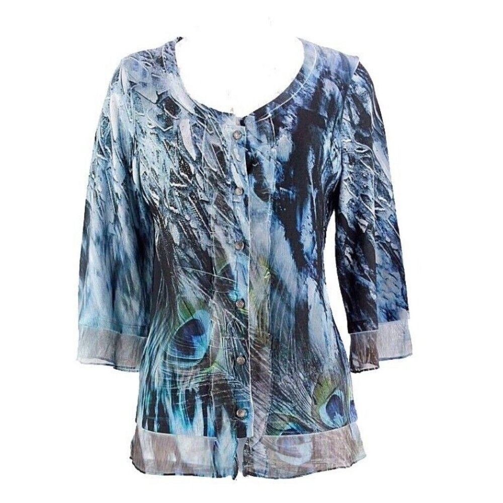 BLEU $30 Sz S Blue Gray Green Peacock Silver Stud Poly Blend Cardigan